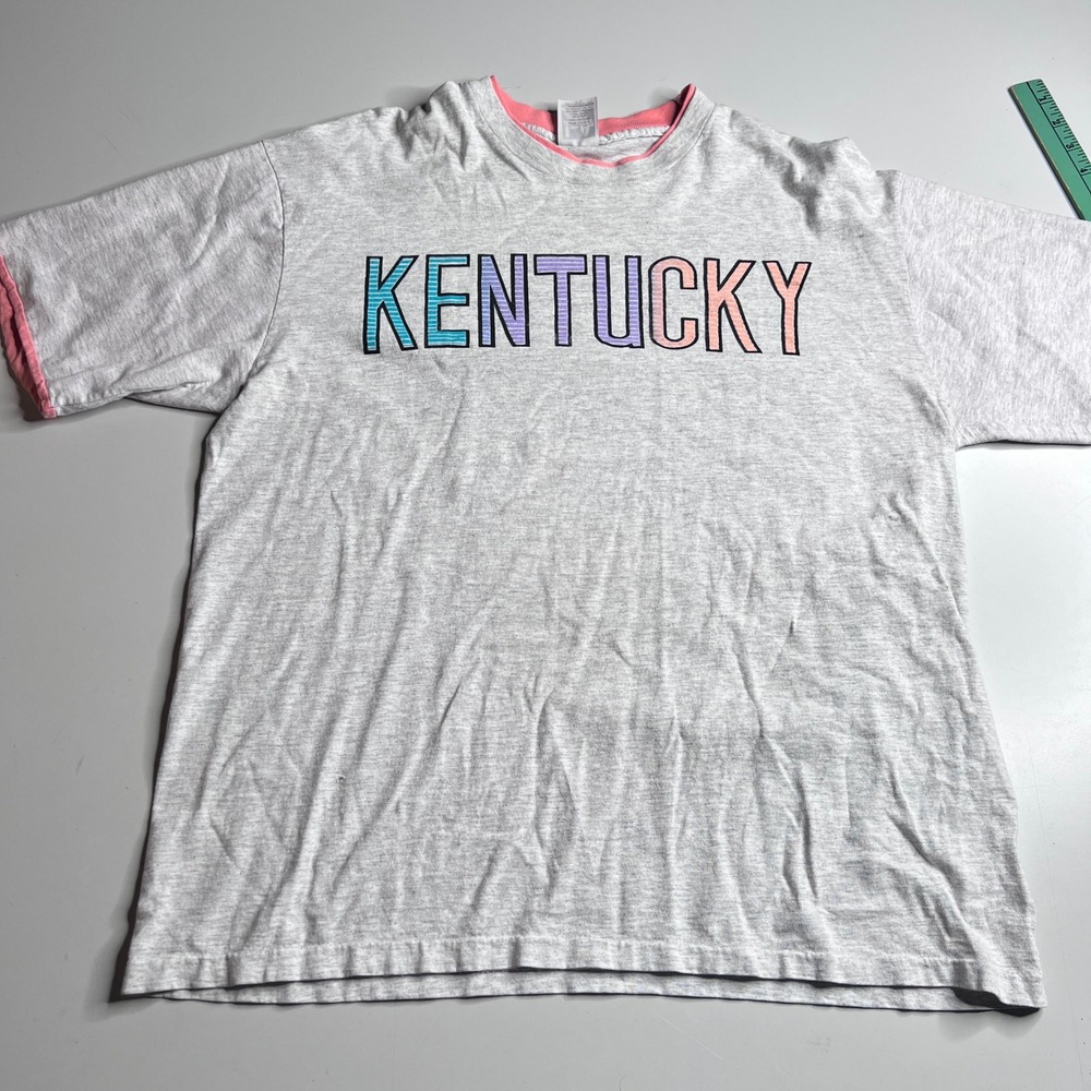 Vintage 90s LA Sportswear Kentucky T Shirt Mens XL Grey Pink‎ Double Layer USA